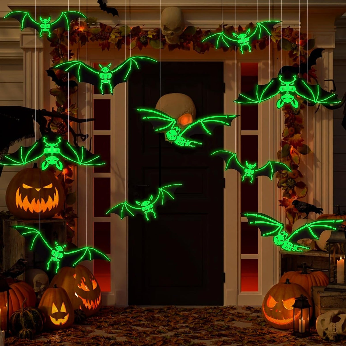 Glowing skeleton bats across a decorated Halloween porch