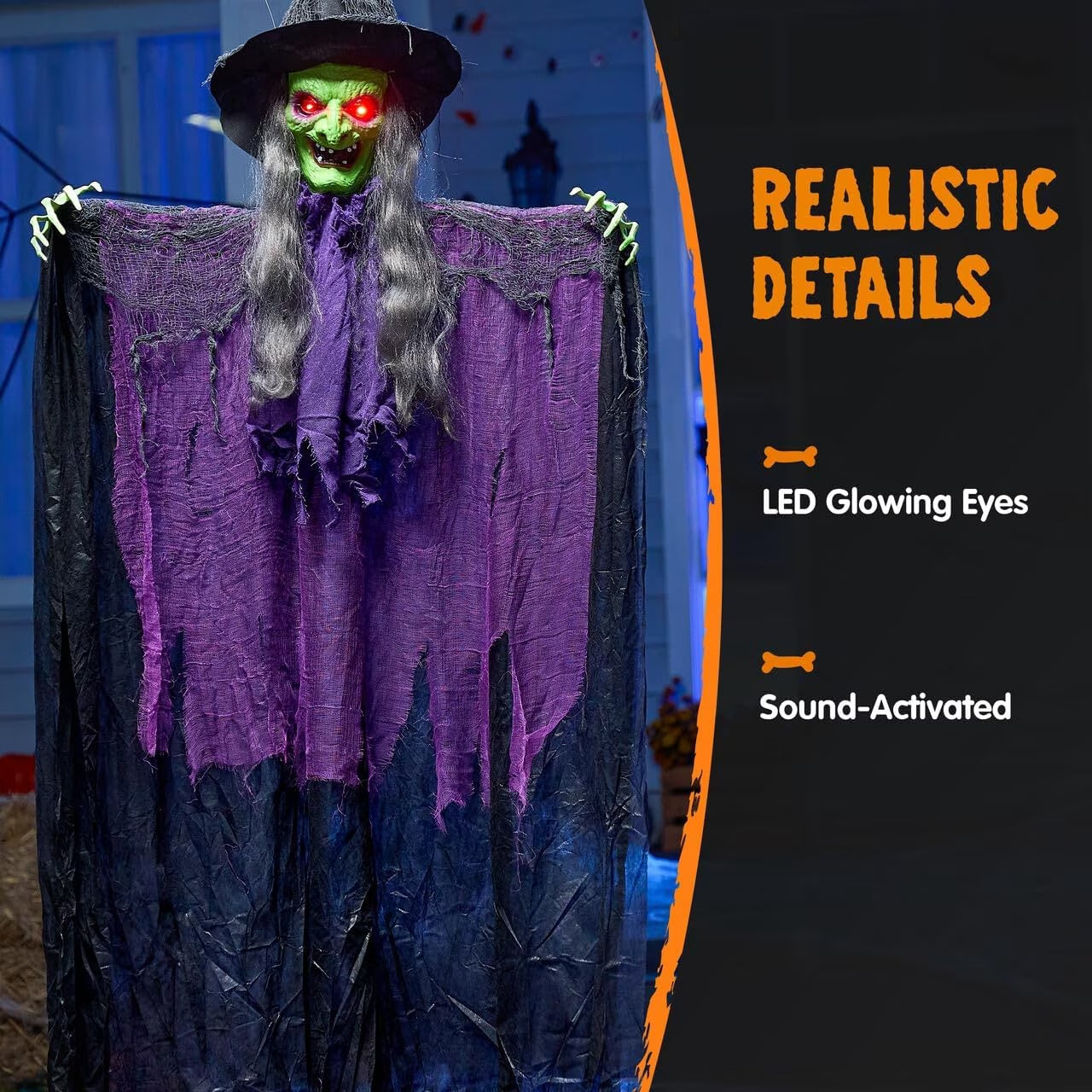 72" Halloween Witch Decoration,Outdoor Scary Halloween Flying Ghost Decor Green Face Hanging Witch with Light up Eyes and Sound Decoration for Halloween Outdoor