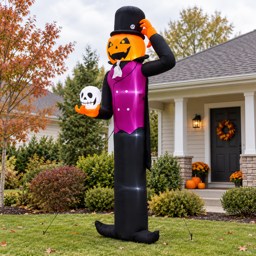 12-foot pumpkin man inflatable secured with stakes in a front yard during daylight