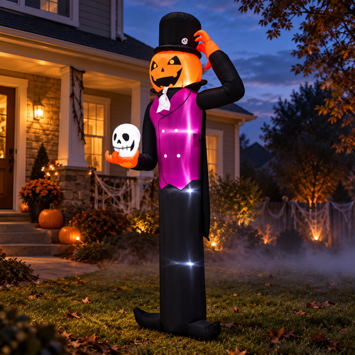 12-foot LED pumpkin man inflatable holding a skull in a decorated yard at dusk