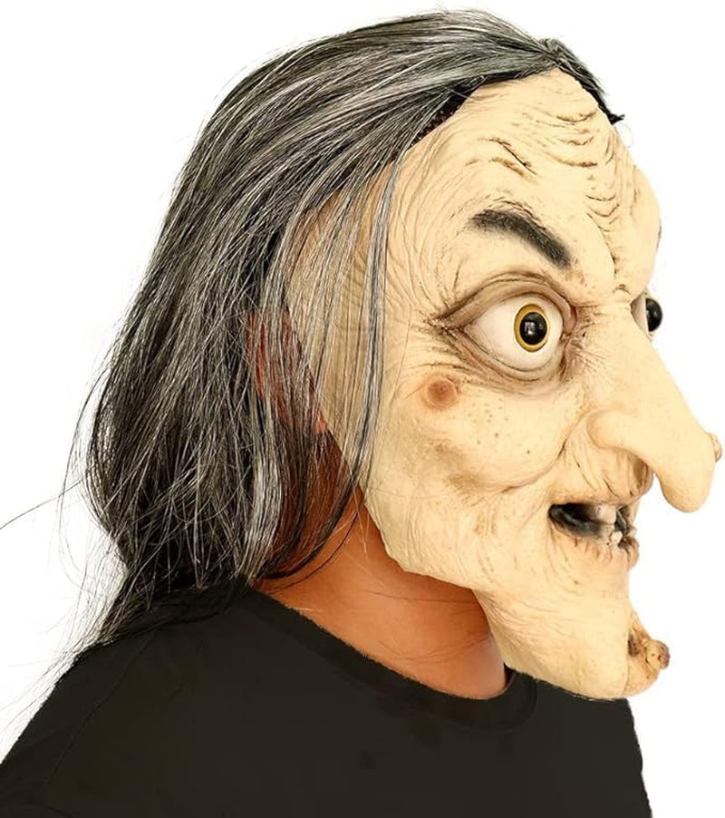 Old Witch Latex Mask with Gray Hair, Halloween Costume Mask for Adults