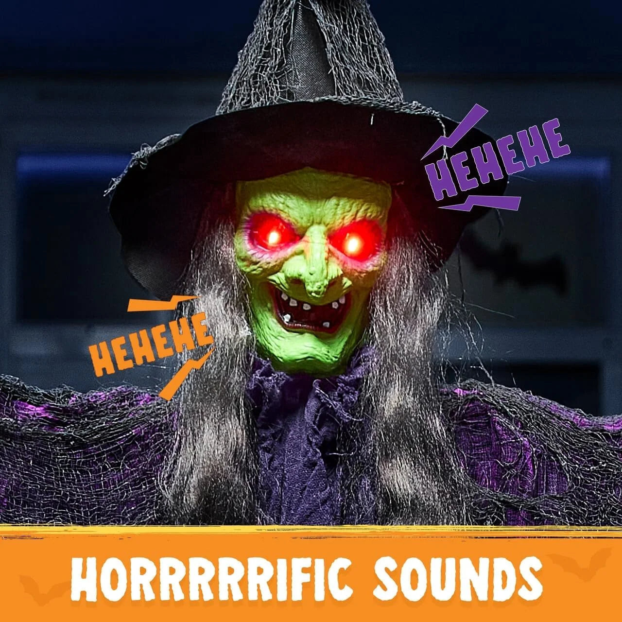 72" Halloween Witch Decoration,Outdoor Scary Halloween Flying Ghost Decor Green Face Hanging Witch with Light up Eyes and Sound Decoration for Halloween Outdoor