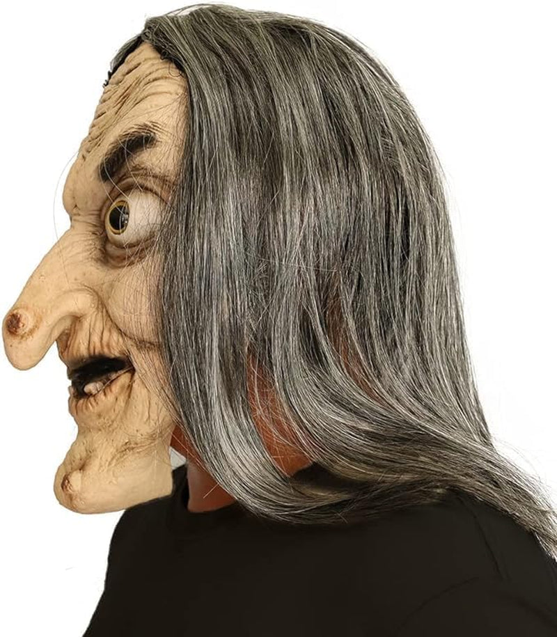 Old Witch Latex Mask with Gray Hair, Halloween Costume Mask for Adults
