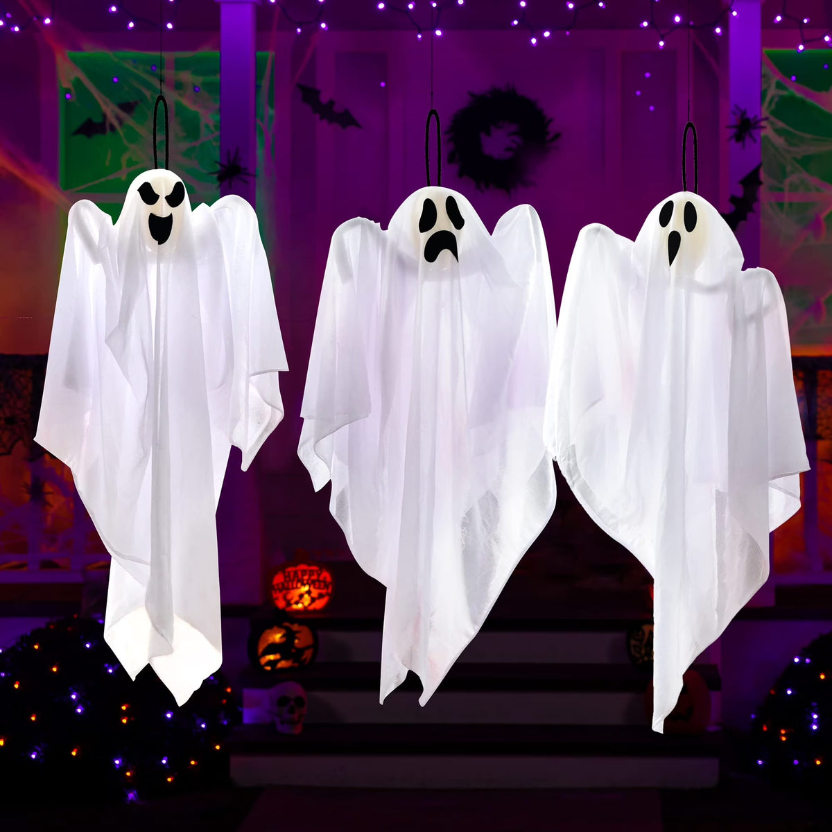 3 Pack Halloween Hanging Ghosts Decorations,27.5" Cute Scary Flying Ghosts Outdoor Hanging Halloween Decorations Yard Decorations