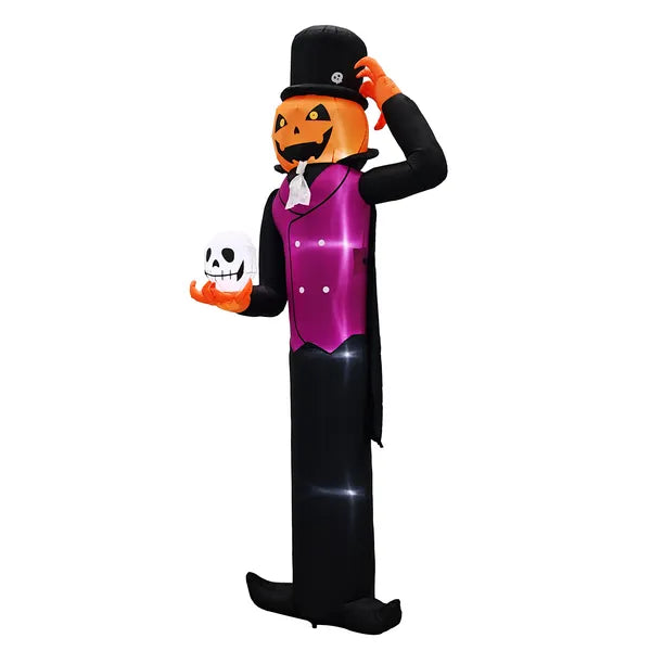12-foot LED pumpkin man inflatable holding a skull in a Halloween yard display