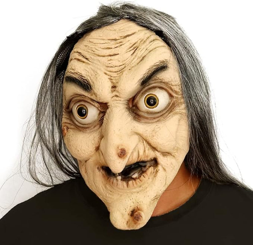 Old Witch Latex Mask with Gray Hair, Halloween Costume Mask for Adults