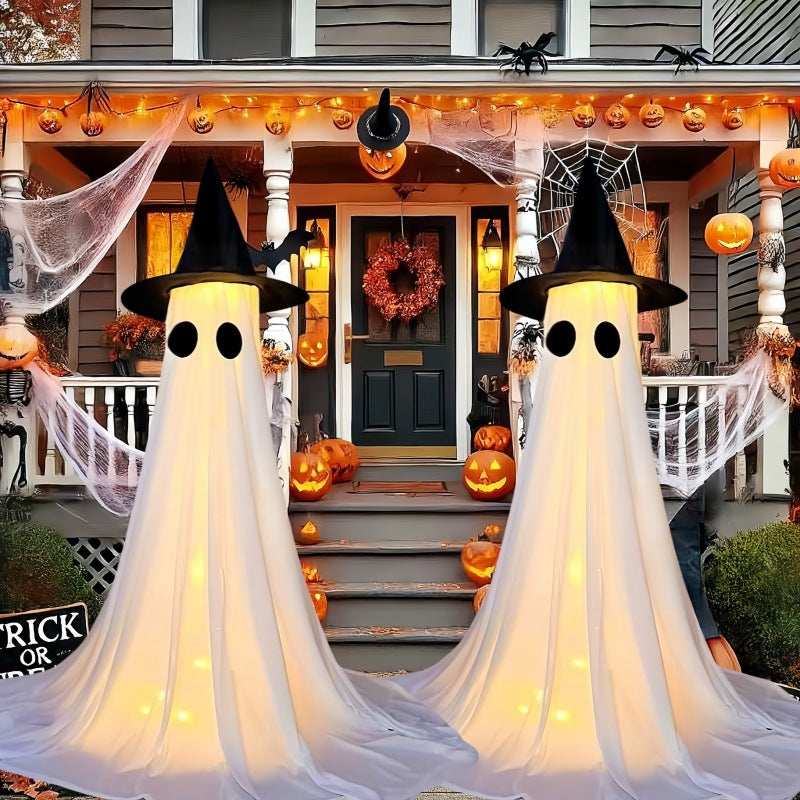 Tall spooky ghost yard stake decoration for a Halloween lawn or porch display