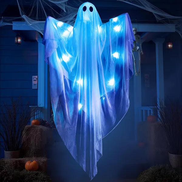 47-inch blue LED hanging ghost in a front porch Halloween display