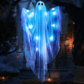 47-inch Joyfy blue LED hanging ghost displayed outside a haunted porch
