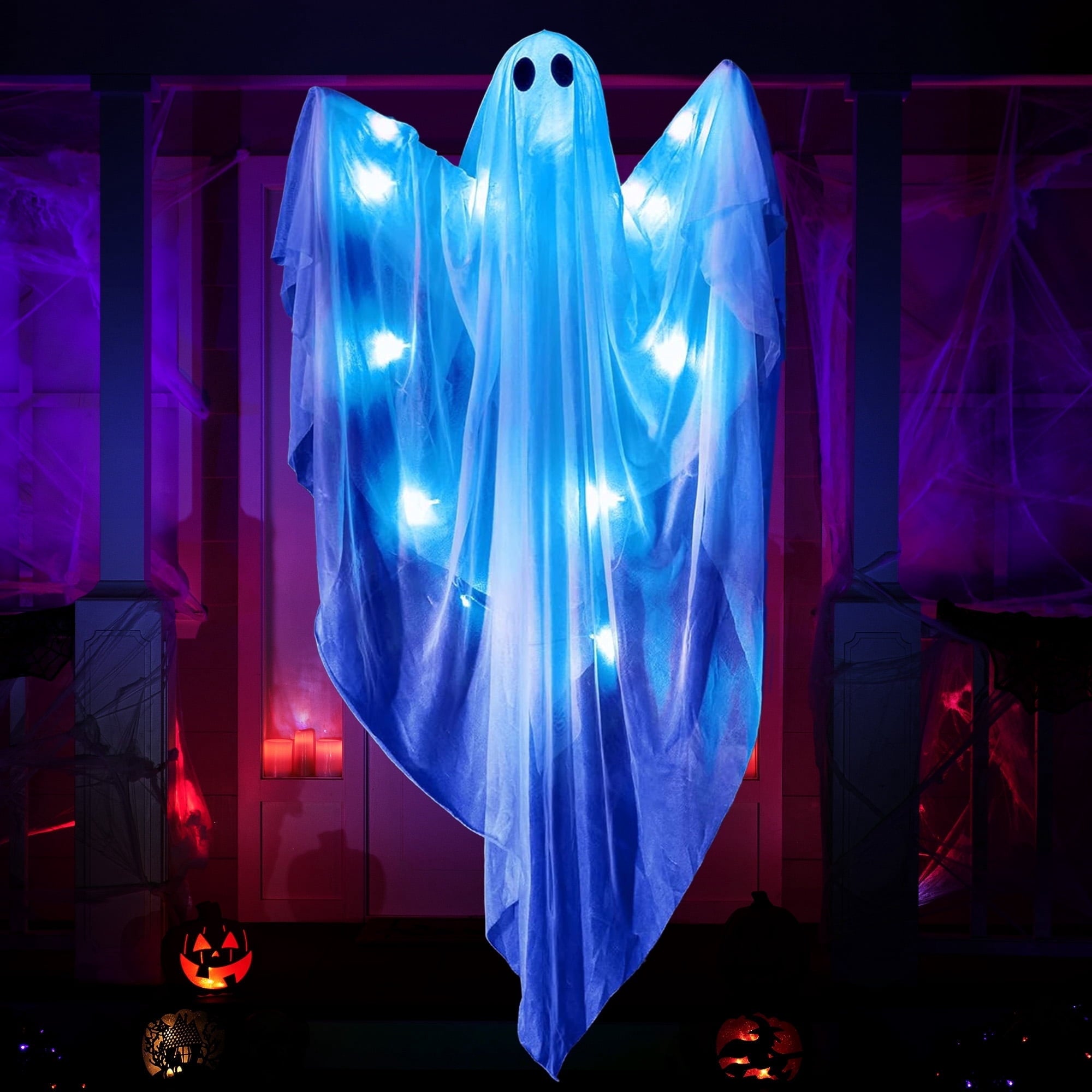 47-inch Joyfy blue LED hanging ghost in a purple-lit porch display