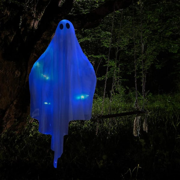47-inch Joyfy blue LED hanging ghost displayed from a tree